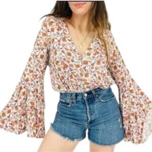 Free People NWOT SHE'S DAINTY BODYSUIT Orange Floral Bell Sleeve Size Medium